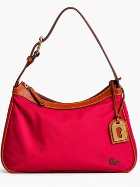Dooney & Bourke Pink Nylon Hobo Shoulder Bag British Tan Leather